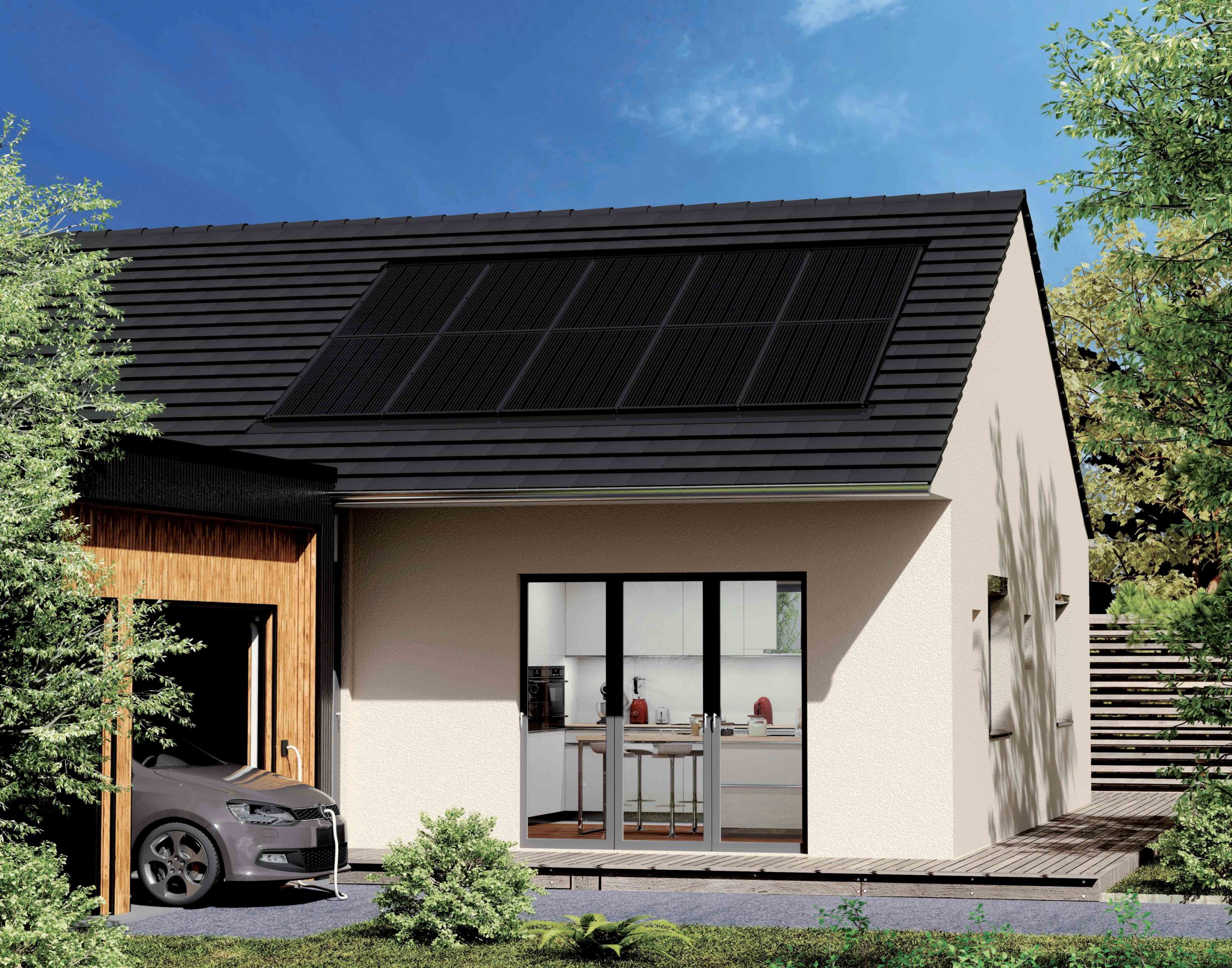 Panneaux-photovoltaiques-SYSTOVI-sur-une-maison-avec-toiture-en-ardoise-et-voiture-electrique-scaled toit en ardoises avec panneaux solaires